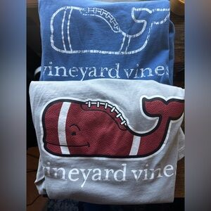 (2) Vineyard Vines Football theme Whale Graphic Tees on Blue Grey